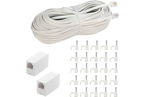 LanSenSu Phone Extension Cord 66 Ft, Phone Cord Telephone Cable with Standard RJ11Plug and 2 in-Line Couplers and 25Cable Clip Holders, White (White, 66 Feet)
