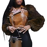 Akmipoem Leather Jacket Women Cropped PU Moto Coat Faux Fur Sleeve Short Biker Jackets Fall Winter Streetwear with Belt