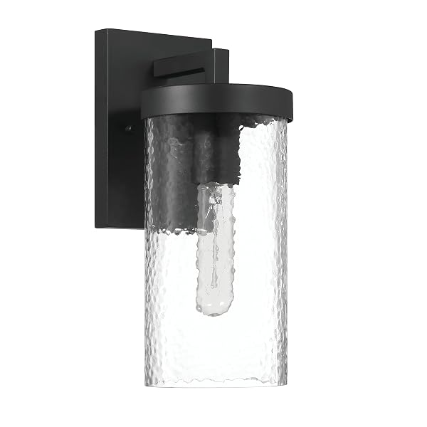 ROBERT STEVENSON LIGHTING ARIA – MODERN MINIMALIST CYLINDRICAL TEXTURED WATER GLASS AND METAL WALL MOUNTED OUTDOOR LIGHT, MATTE BLACK