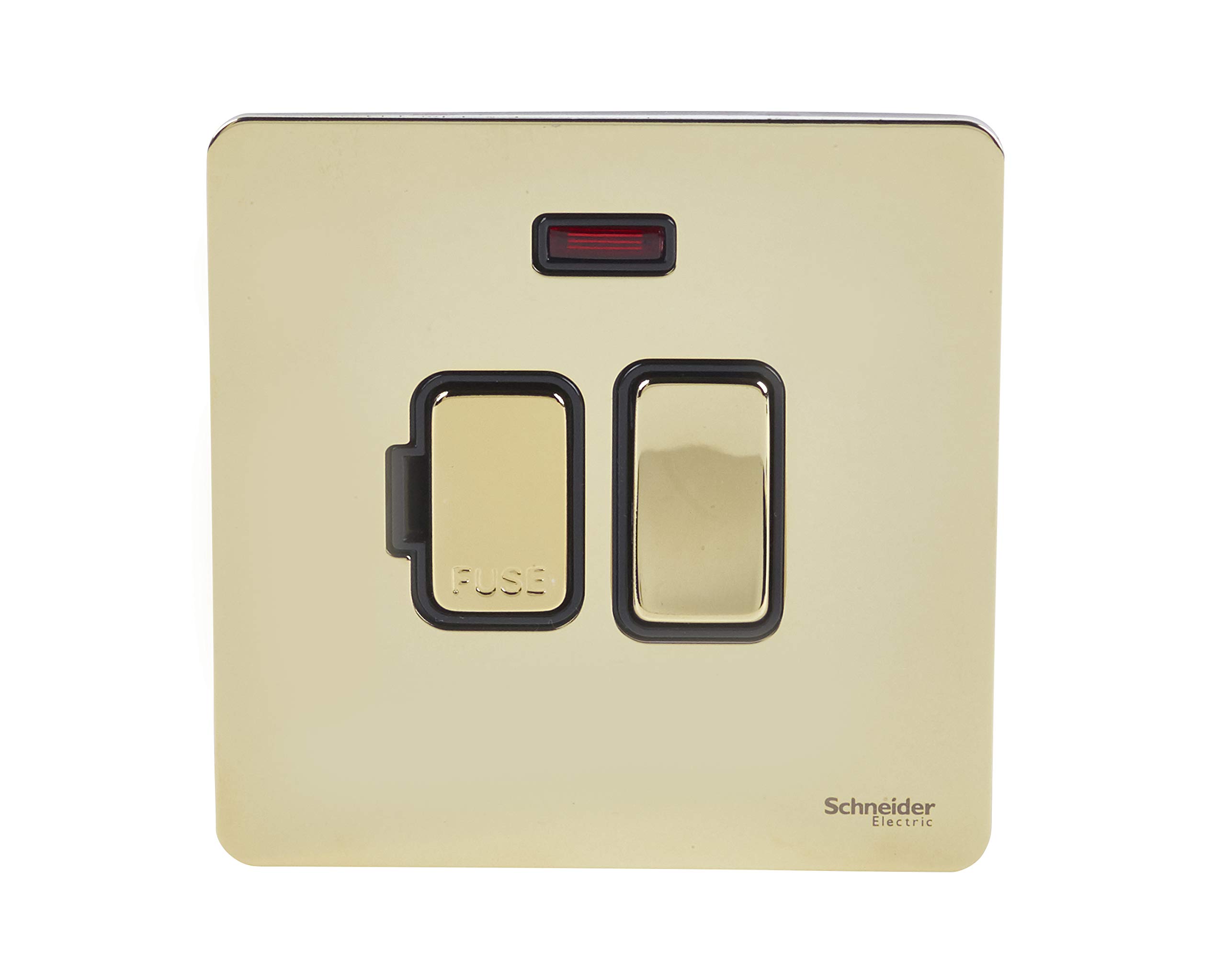Schneider Electric Ultimate Screwless Flat Plate - Switched Fused Connection Unit, with Neon Indicator, GU5411BPB, Polished Brass with Black Insert — image 1