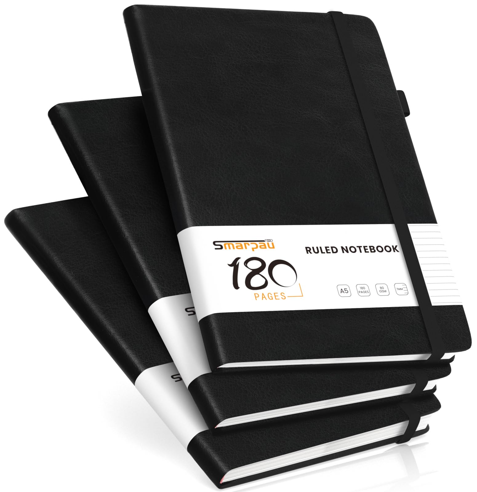 Smarpau Notebook A5 - Hardcover Lined Journal Notepad 540 Pages 100gsm Thick Paper for Writing, 3 Packs Leather Notebook for Men Women Work School Office - Black