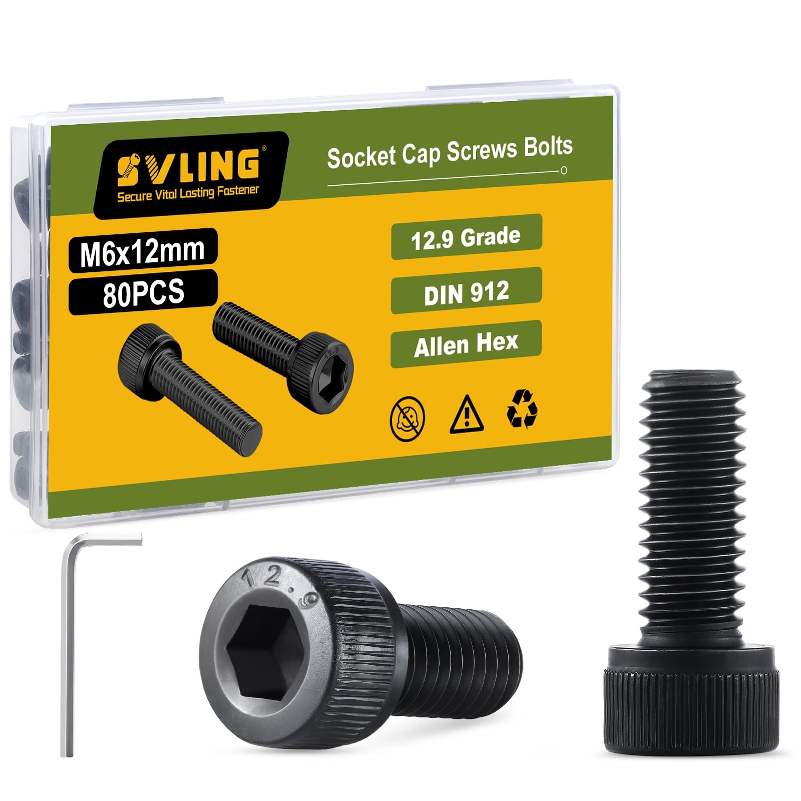 Photo 1 of SVLING M6-1.0 x 12mm Bolt, 80PCS M6 Hex Socket Head Cap Screws Bolts, 12.9 Grade Alloy Steel, Full Threads, Allen Socket Drive, with Hex Spanner