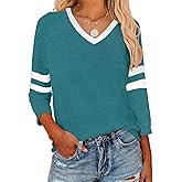 XIWUKOD Womens Tops V Neck Color Block Tee Striped Tunics 3/4 Sleeve Fashion Comfy Shirt Basic Tshirts