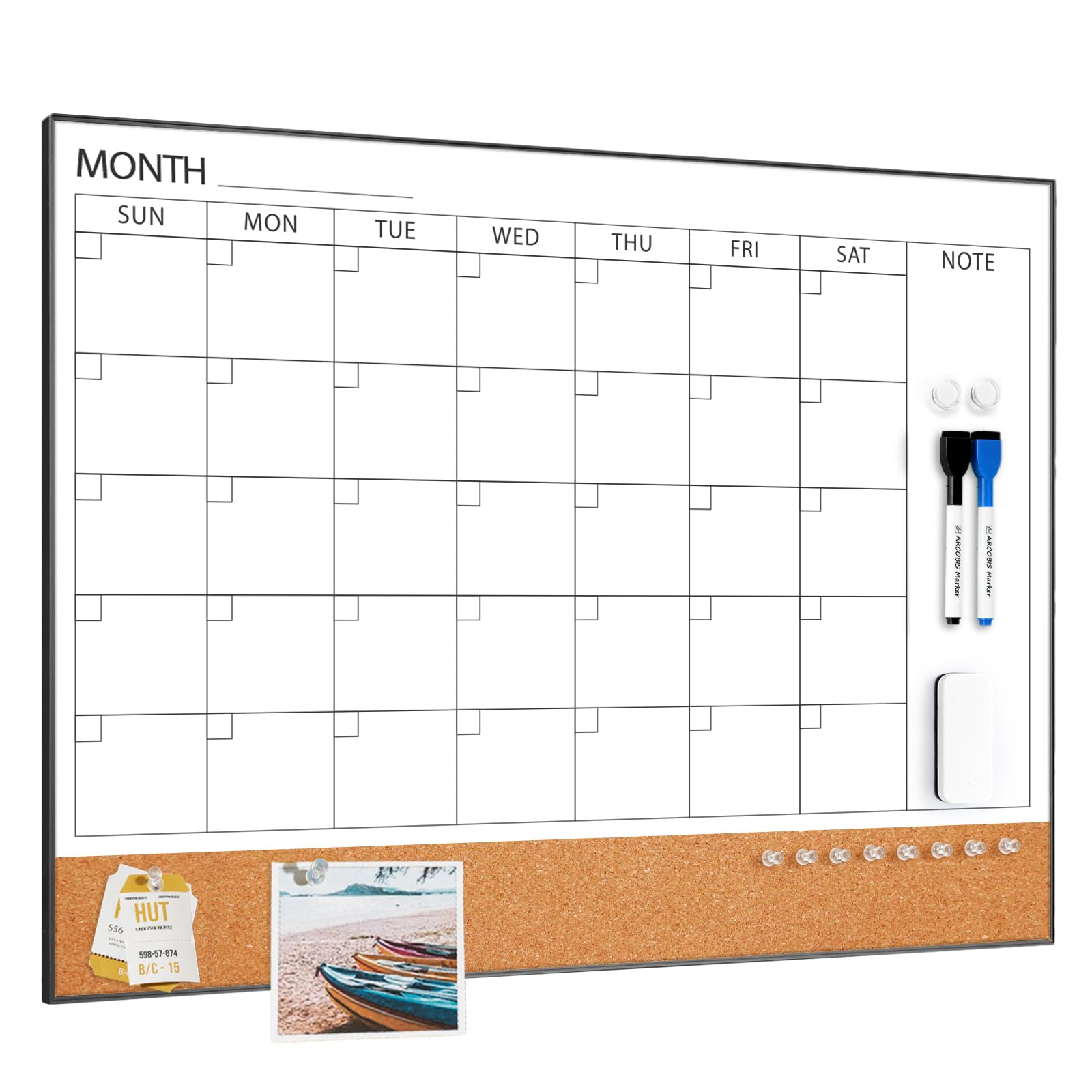 ARCOBIS Dry Erase Calendar with Cork Board for Wall, 60 x 45 Magnetic Calendar Whiteboard with Black Frame, Monthly Combination Board for School, Home, Office