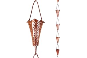 Rain Chains by JASINC 8.5 ft Leaf Cups Pure Copper, to Replace Roof Gutter Downspout, with Installation Kit, Rainwater Catcher/Water Diverter, JAS8002C