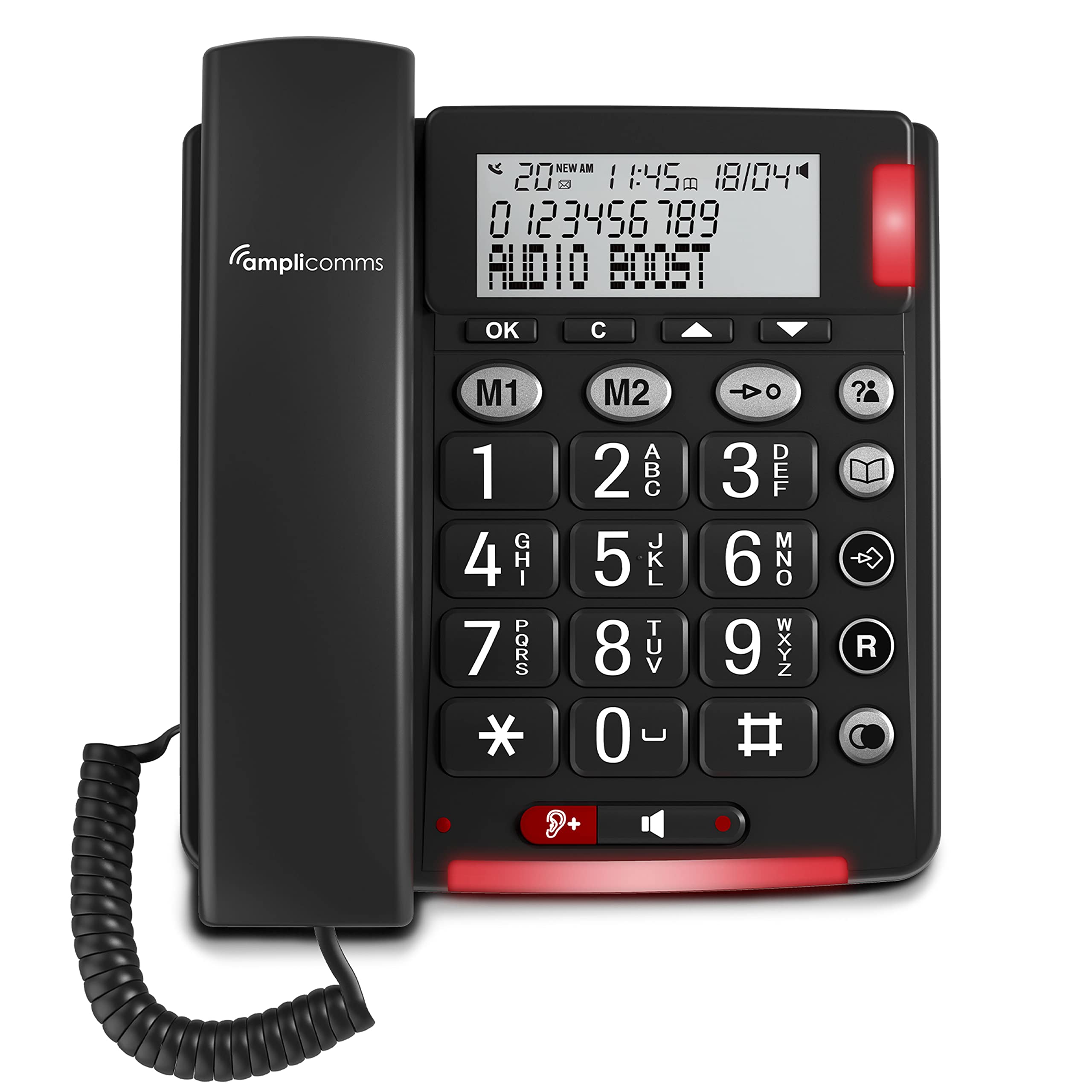 Amplicomms BigTel 48 Plus Large Button Phone with Handsfree Function and Audio Boost 40 dB, Extra Loud Ringtones, Hearing Aid Compatible