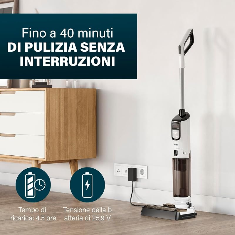 337010 AquaMotion Plus Lavapavimenti, 4 in 1 Aspira, Lava & Asciuga, Senza Fili, 50 Min Autonomia, Filtro HEPA, Autopulizia, 170W, 75dB, Display Intelligente, Base di Ricarica, Leggero