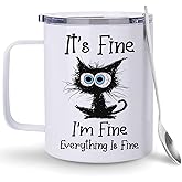 Hyturtle Funny Black Cat Gifts For Cats Lover - It's Fine I'm Fine Everything Coffee Tumbler Cup Mug Stainless Steel 12 Oz - Cats Gifts For Women - Birthday Gift For Cat Lovers On Birthday Christmas