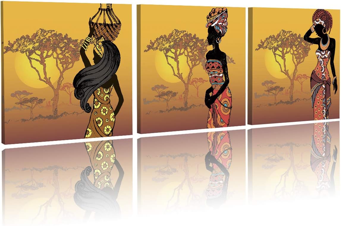 HVEST 3 Panels Canvas Wall Art-African Woman Artwork Sunset Painting Tribal Black Girls Wear Ethnic Dress Picture Prints for Bedroom Living Room Bathroom Wall Decor,12x16 inches/Piece