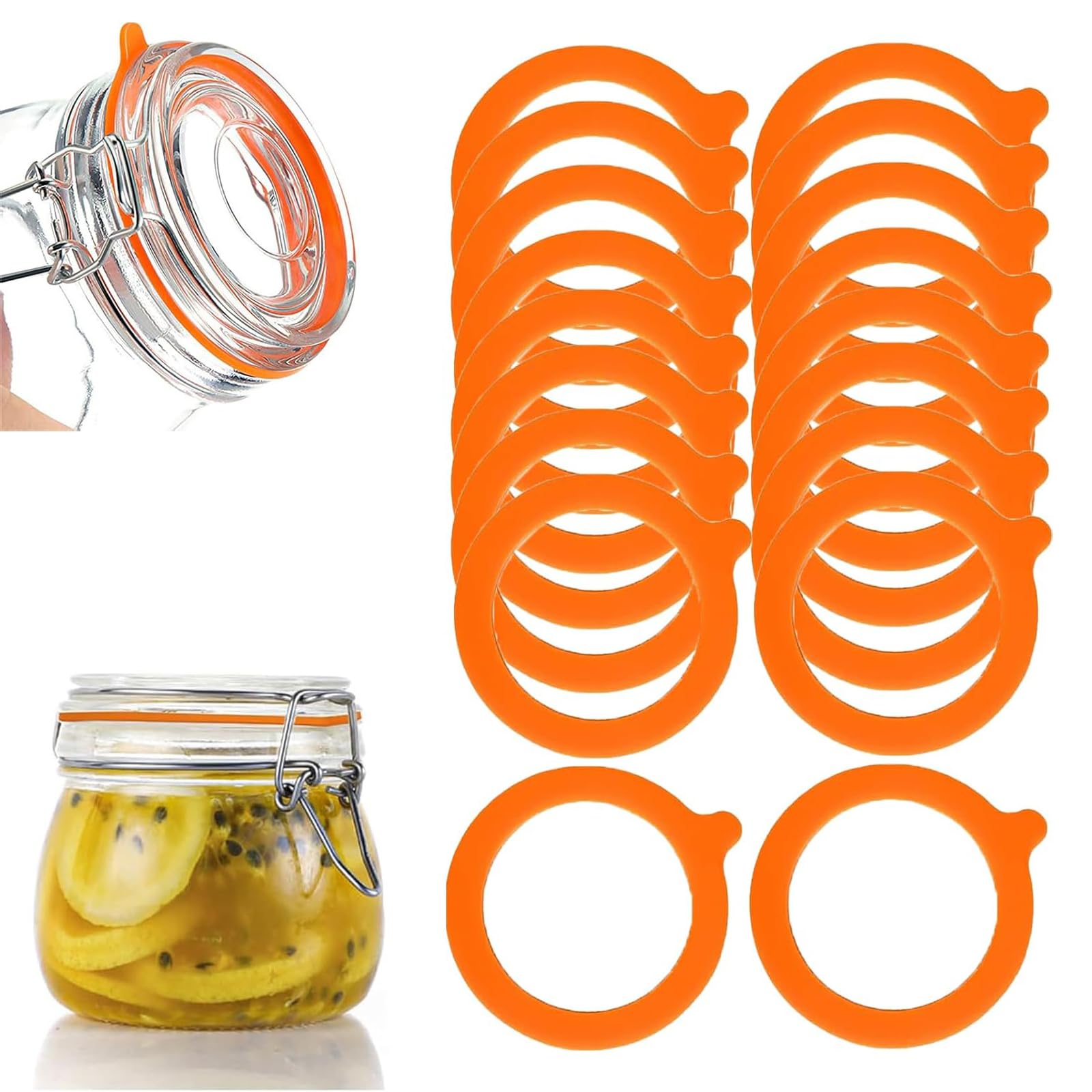 JISRKP 18 PCS Orange Silicone Jar Seals, Airtight & Waterproof, Standard Size, Snap Closure, Jar Seal Replacement