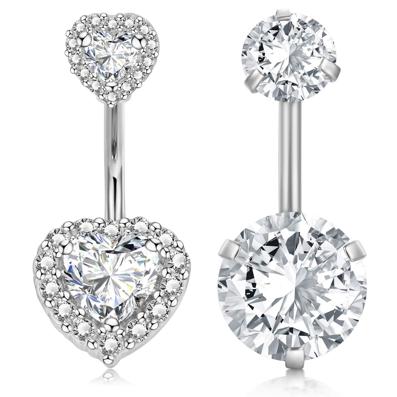 incaton 10mm Belly Button Bars 2pcs Double Heart Zirconia Navel Rings Belly Button Ring Surgical Steel Belly Piercing Jewellery 14G 1.6mm Silver