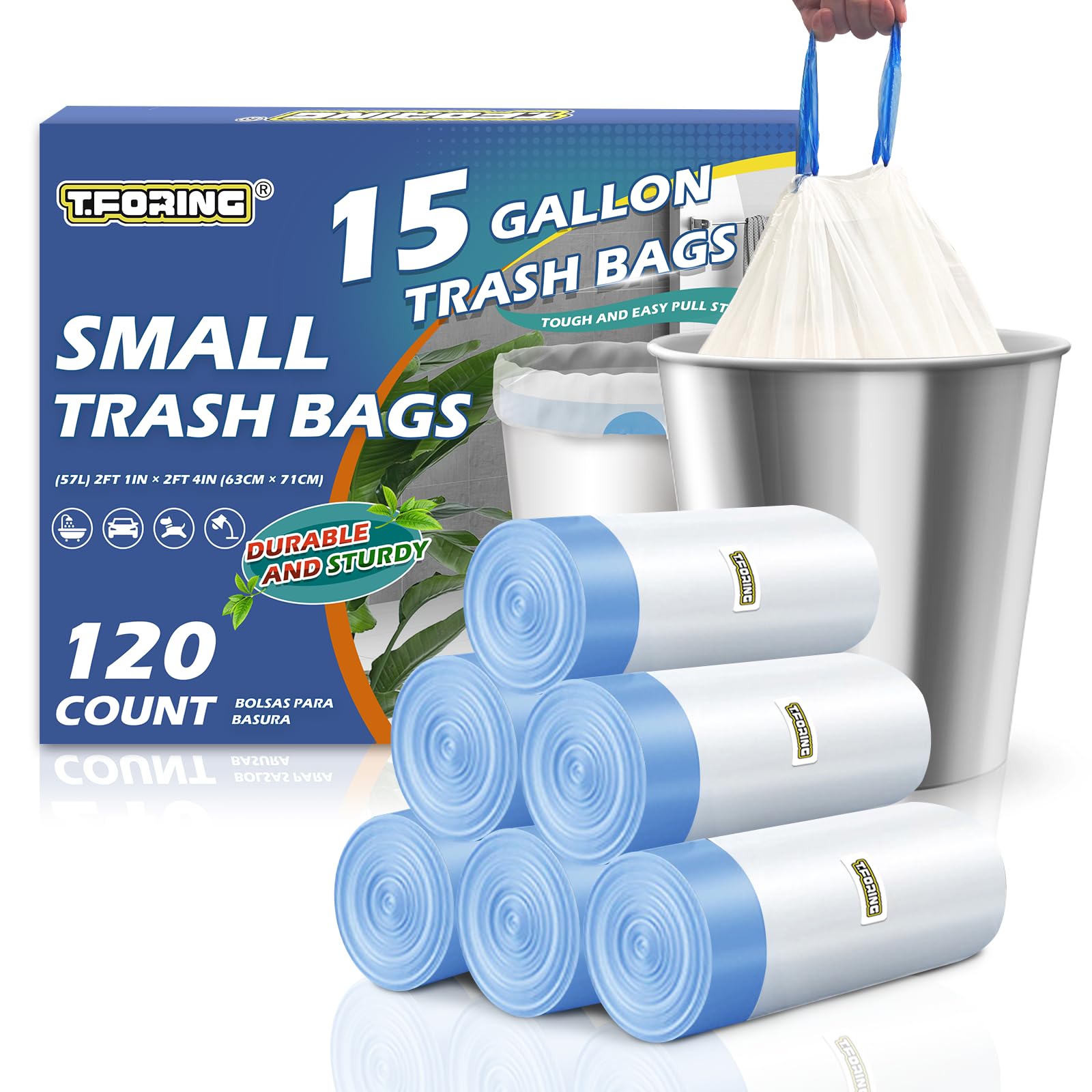 Photo 1 of T.FORING 15 Gallon Trash Bags with Drawstring - 120 Count Heavy Duty 1.25 Mil Garbage Bags 56 Liter Tall Kitchen Bin Liners Unscented White for Home Yard Lawn