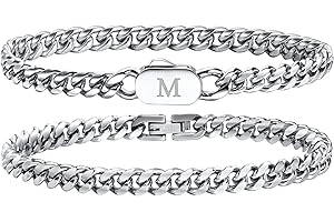Hisatan Initial Bracelets for Men, 2 Pcs A-Z Letter Bracelet Silver Mens Bracelet with Initial, Stainless Steel Stylish Non Tarnish Cuban Link Bracelet for Men Jewelry Gifts