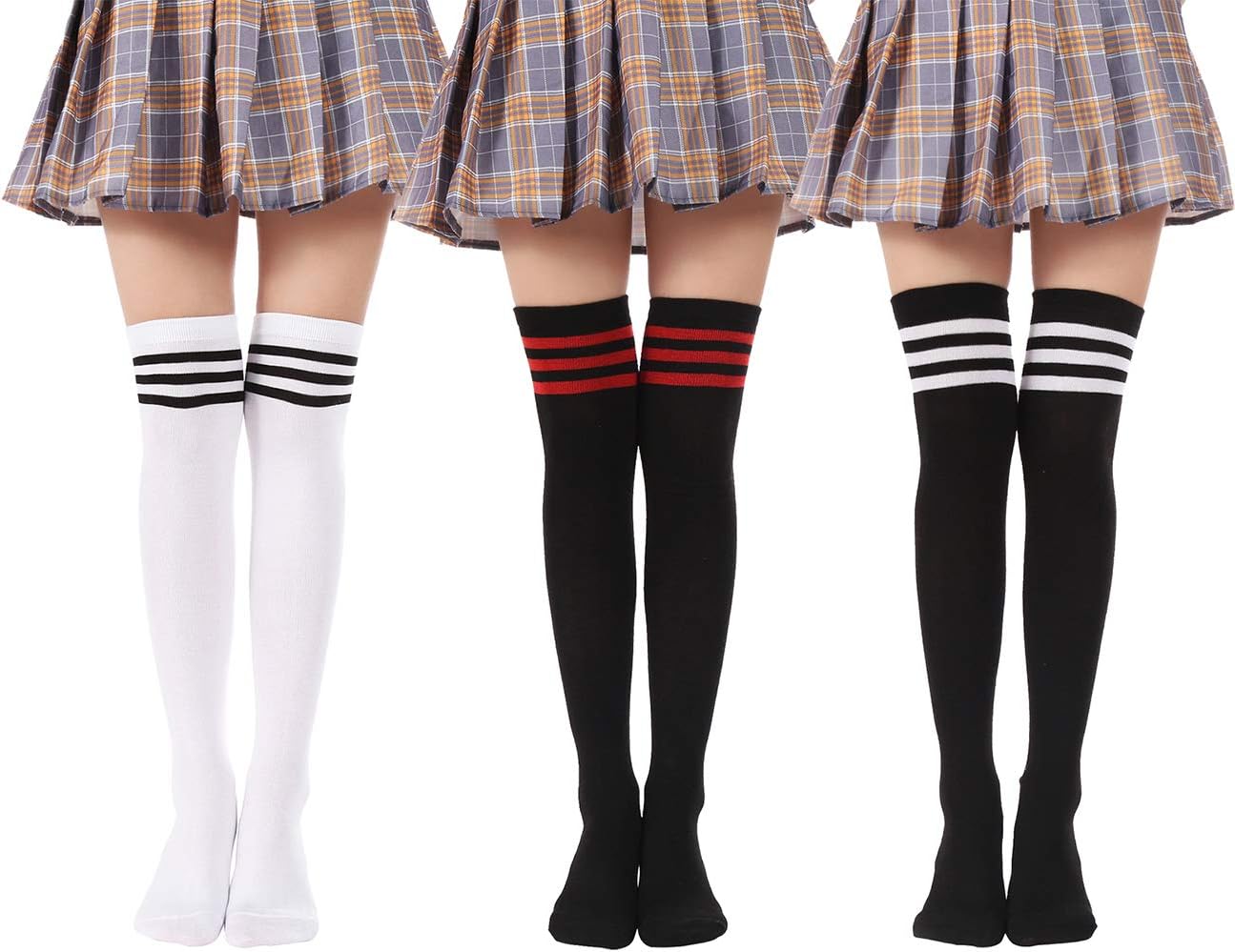 Over Knee Long Sock Striped Mardi Gras Socks St. Patrick's Day Stockings (3 Pairs White Black Red)