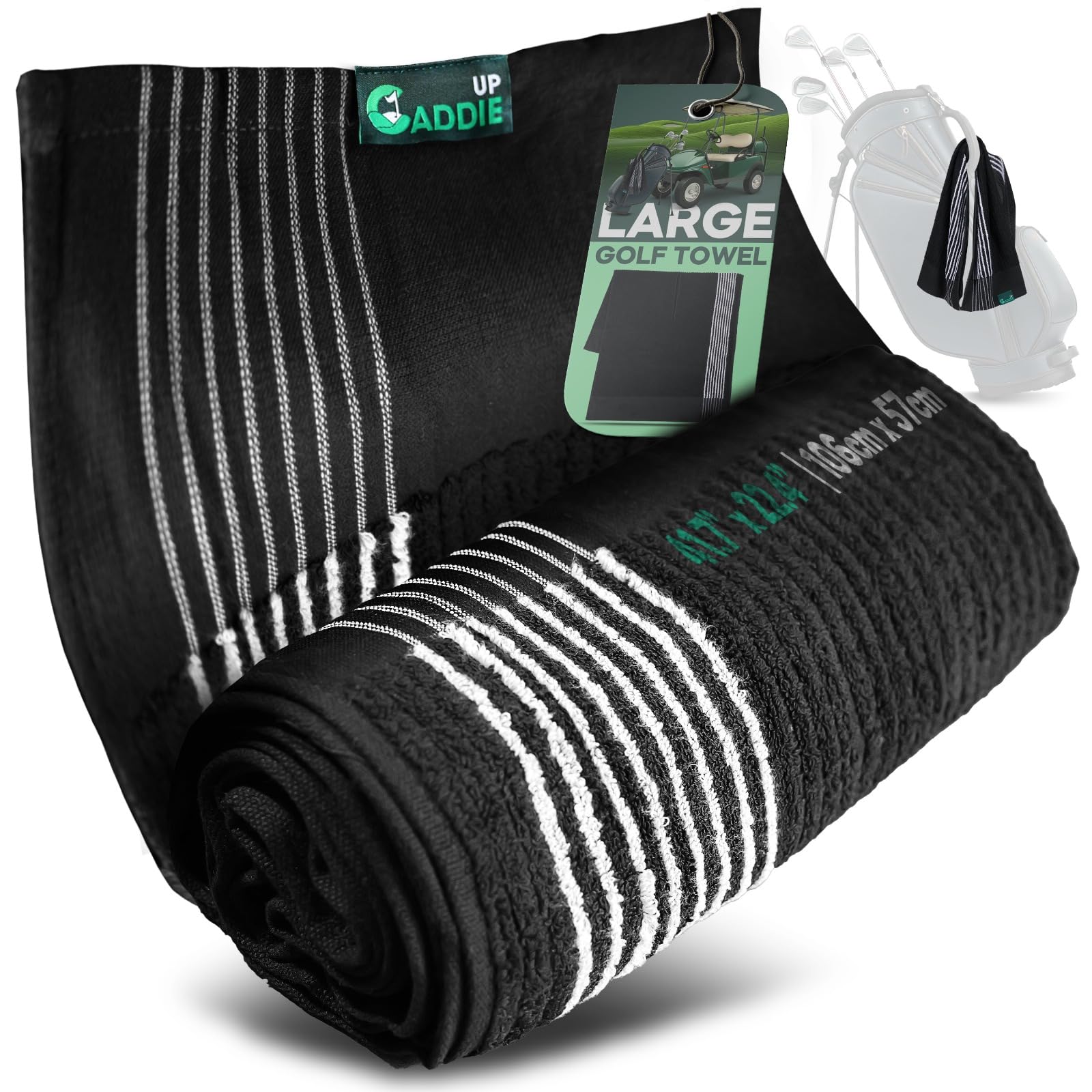 Large Golf Towel 110 x 55cm with Handy Centre Slit Design - Black or White Striped Golf Towels made with Deep Ridged and Absorbent Terry Cotton Material - Quickly Dry Rain, Sweat or any Moisture