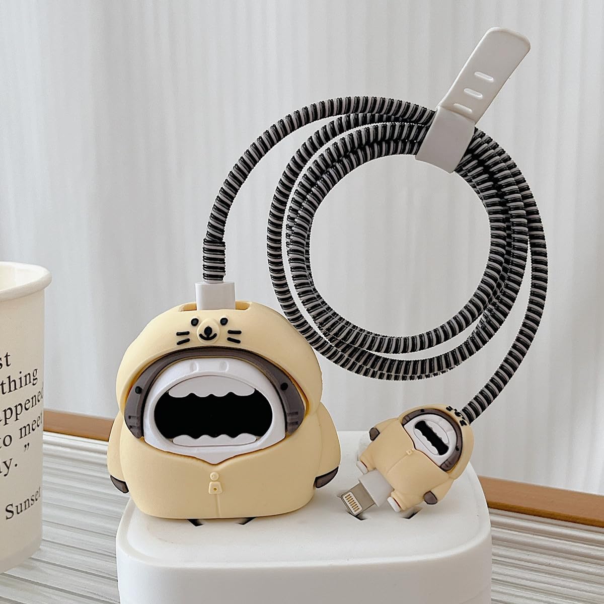 Togbel Cute Protective Case for iPhone 20W USB-C Adapter Charger Cable, Unique Design Funny Fun Kawaii 3D Cartoon Protective Charger Cover Cable Protector for iPhone Fast Charger (Yellow Shark)