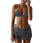 BEAUDRM Women's 3 Piece Halter Bikini Set Polka Dots Triangle String Swimsuits Bathing Suit with Beach Cover Up Skirt