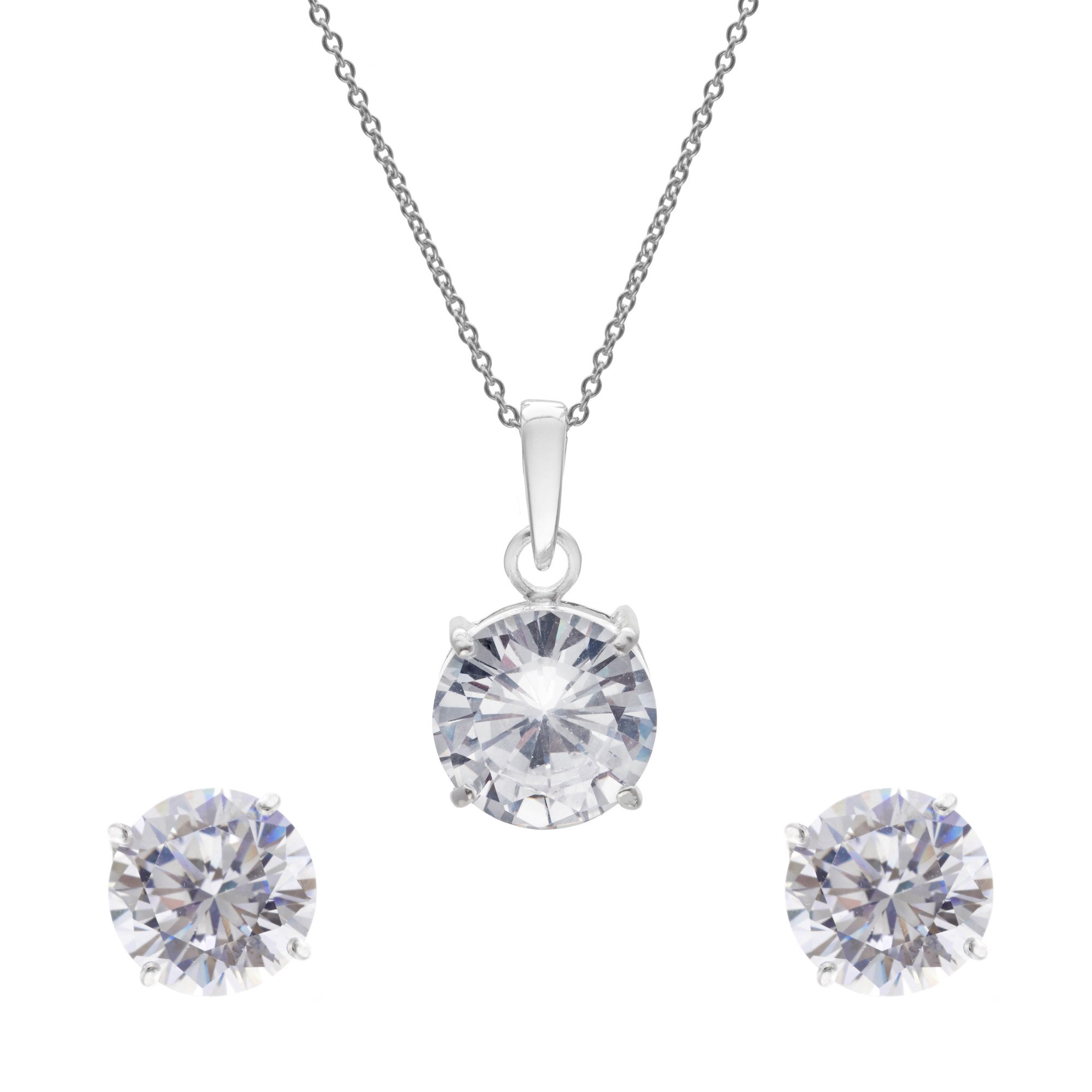 Silverly Round Cubic Zirconia Jewellery Set for Women in Sterling Silver – Classic Prong-Set CZ Pendant Necklace - 925 Silver Clear Cystal Stud Earrings – Elegant Sparkling Bridal Jewellery