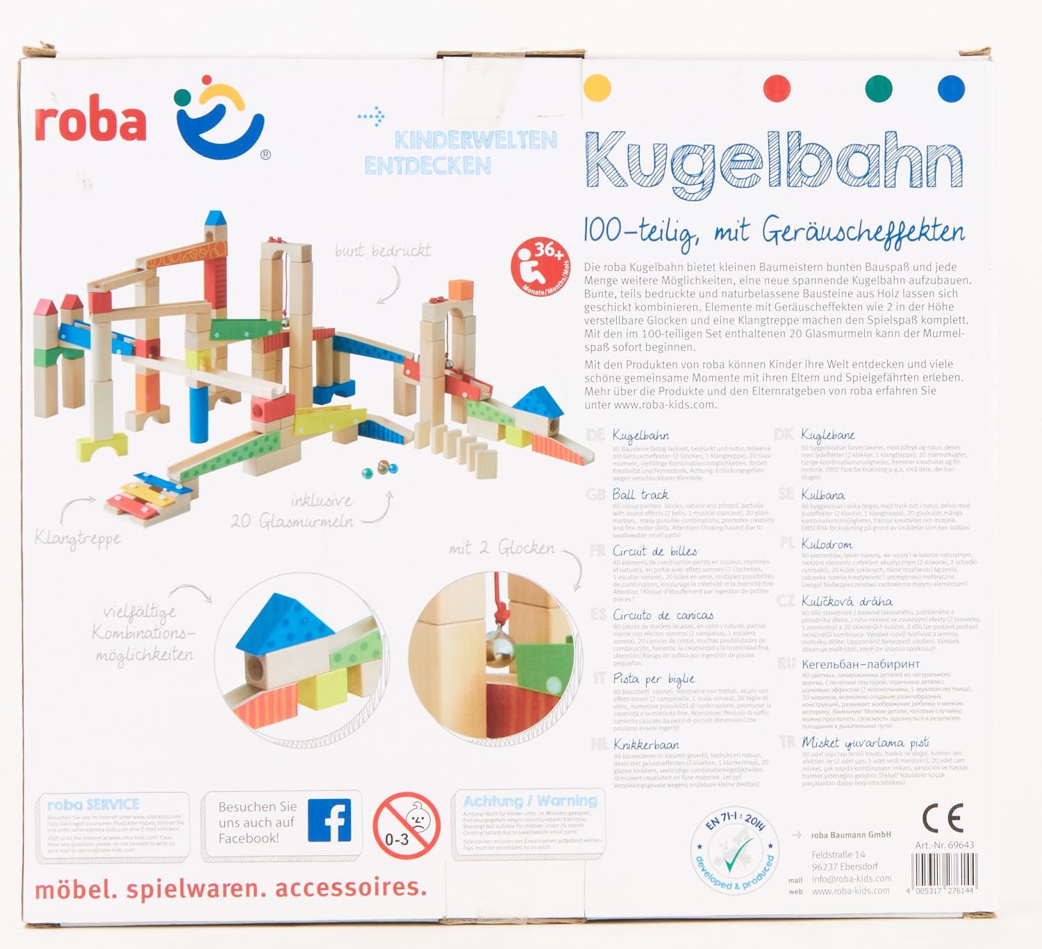 Wooden Marble Run Set - 100 Pieces, 20 Glass Marbles & 80 Building Blocks, Ages 3+