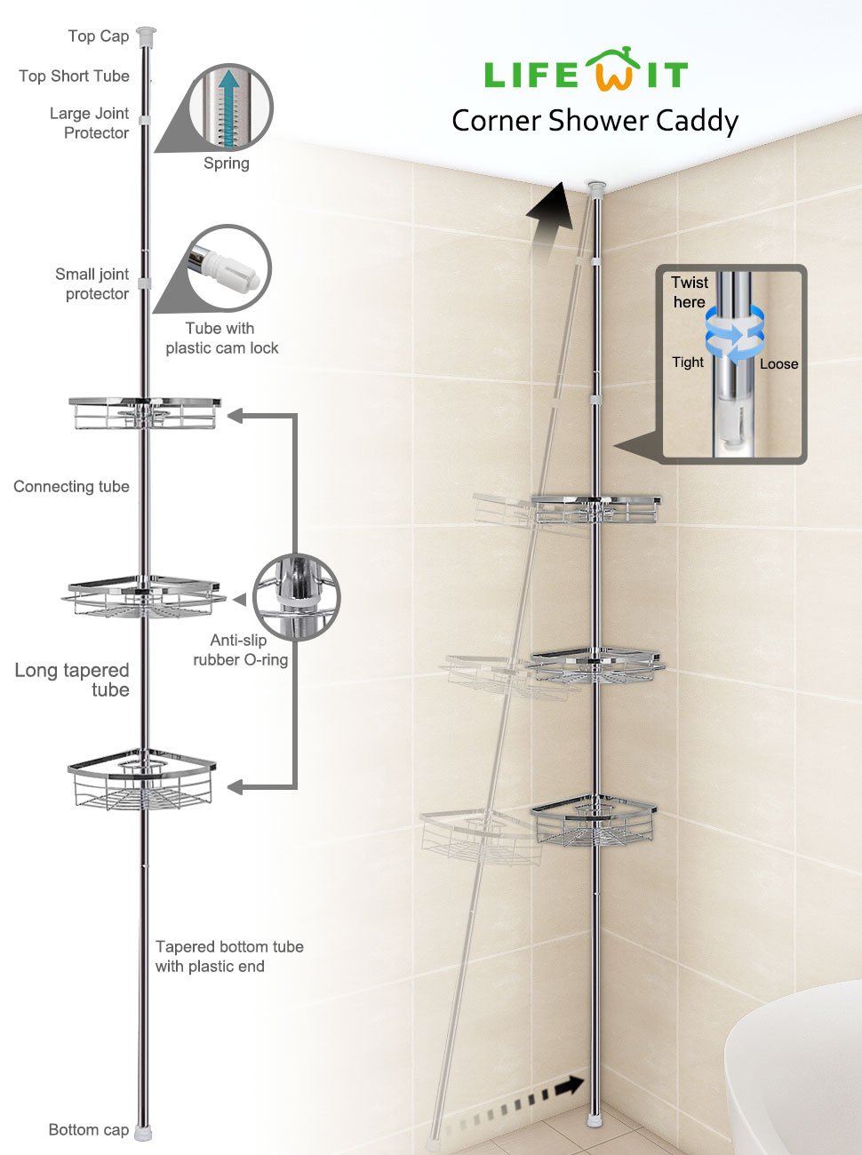 Lflf233250 Lifewit Corner Shower Caddy 3 Tier Hieght Adjustable