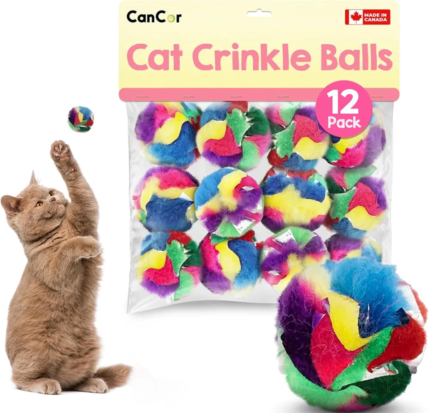 Cancor Innovations Cat Crinkle Balls 1.5 Inch (12-Pack) - Canadian-Made Cat Toys - Multi-Color Crinkle Balls for Cats for Indoor Cats