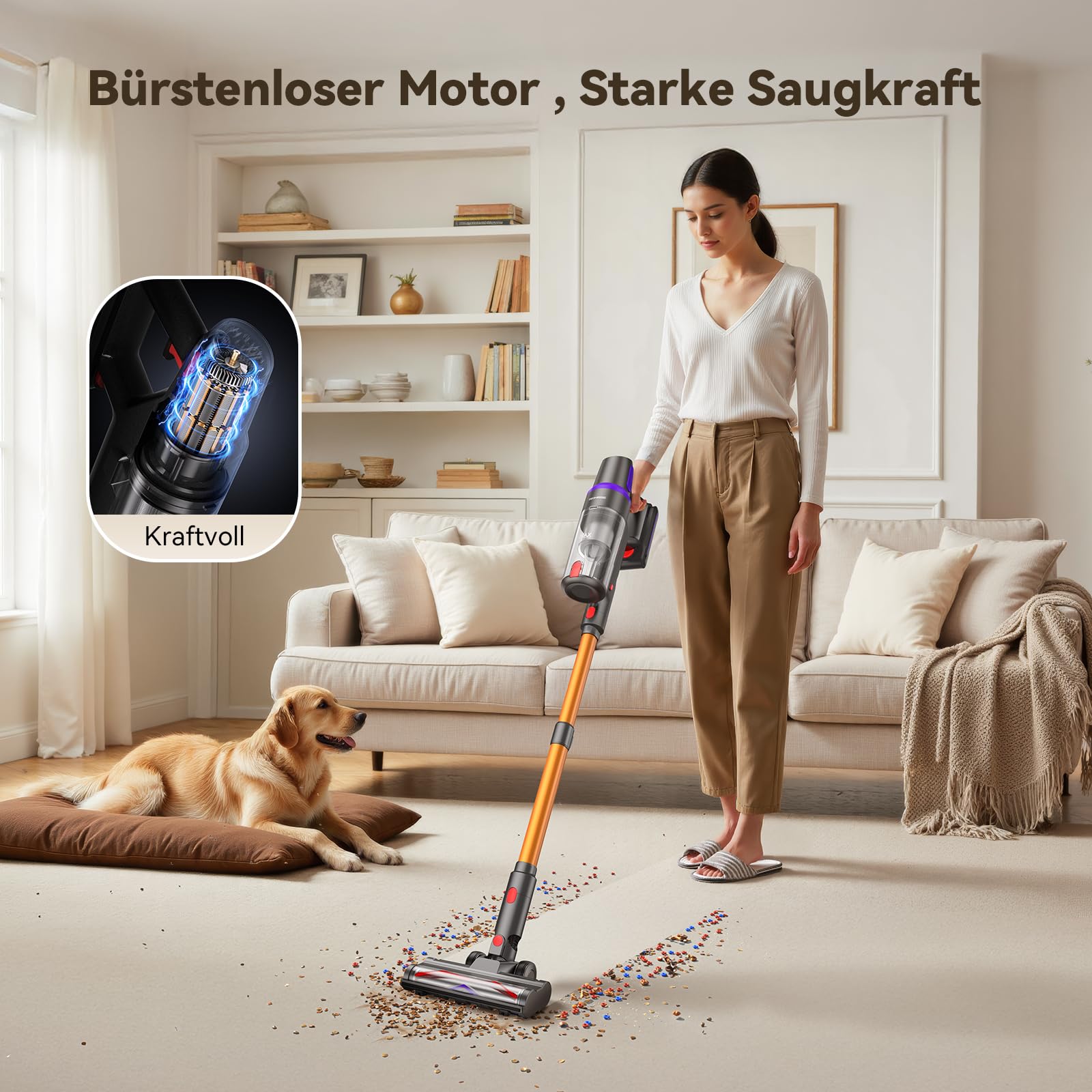TechRise Akku Staubsauger 45000Pa/500W/60Min, Anti-Tangle-Bürste & 8-in-1-Funktion (Selbststehend) Staubsauger Kabellos mit Display, Stielstaubsauger für Zuhause, Tierhaare/Teppiche/Hartböden 2
