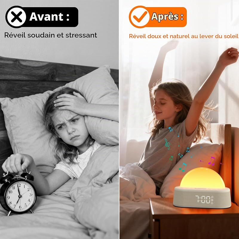Réveil Lumineux Simulateur d'aube, Eveil Lumière Reveil Matin 8 Couleurs