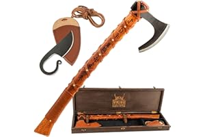 Viking Culture Viking Battle Axe | Hand-Engraved Runes and Celtic Ring Knife, The Skeggøx Set | Authentic Hand-Forged | Hardened Blades with Genuine Leather Sheath and Pouch