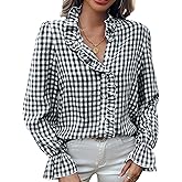 MINTLIMIT Womens Plaid Blouse Peasant Button Down Ruffle Neck Plaid Puff Long Sleeve Gingham Blouse Shirts
