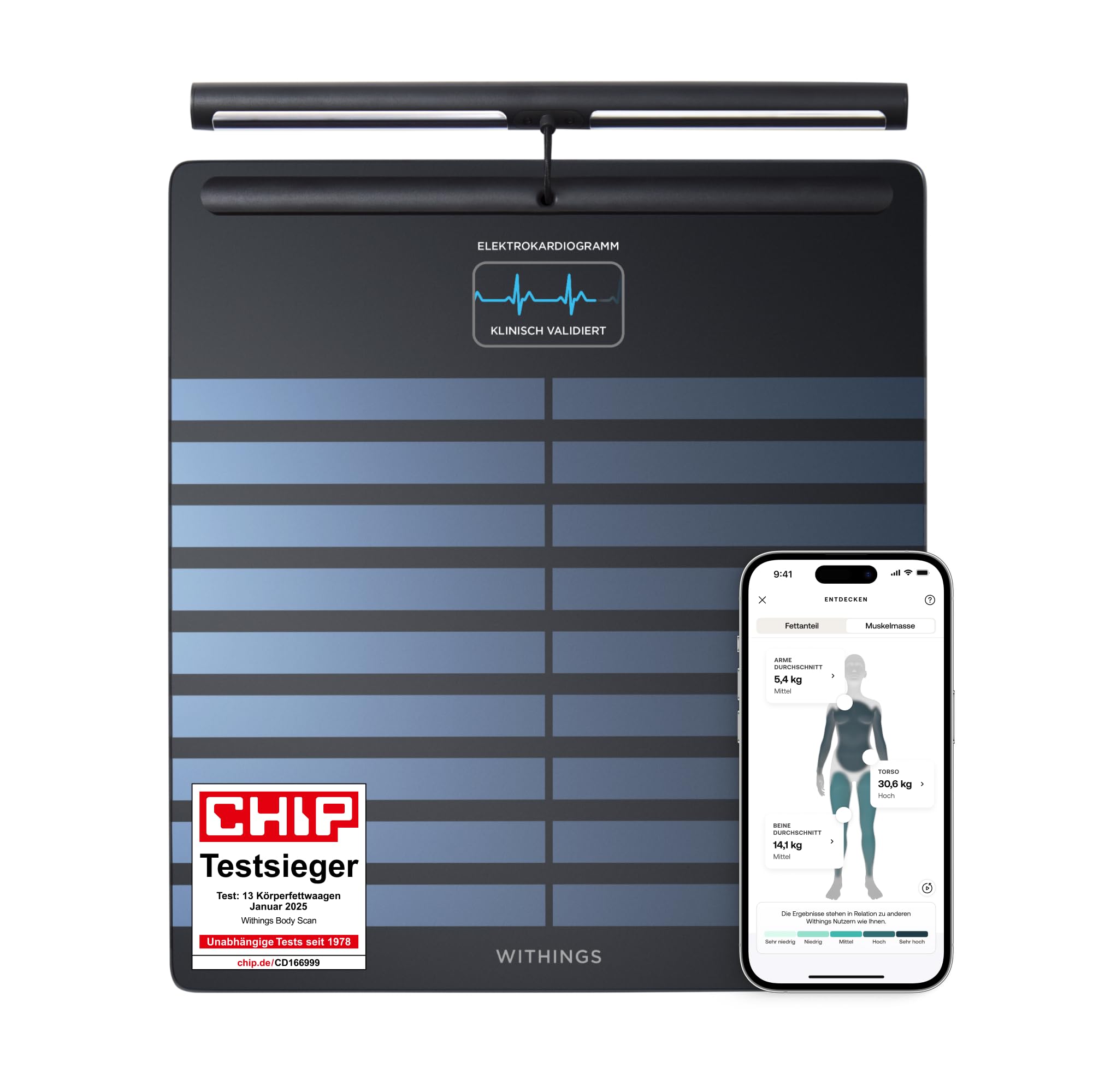 WITHINGS Body Scan - Vernetzte WLAN-Waage zur Verbesserung Ihrer Gesundheit, BIA-Personenwaage, Analyse der Körperzusammensetzung, Körperfett, Muskelmasse, Wasseranteil, Elektrokardiogramm, Schwarz