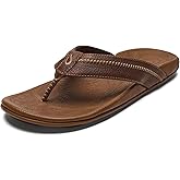 OLUKAI Hiapo Men's Leather Beach Sandal, Crafted Materials, Lightweight & Durable, All-Day Comfort & Support, Dark Java/Toffee, 8