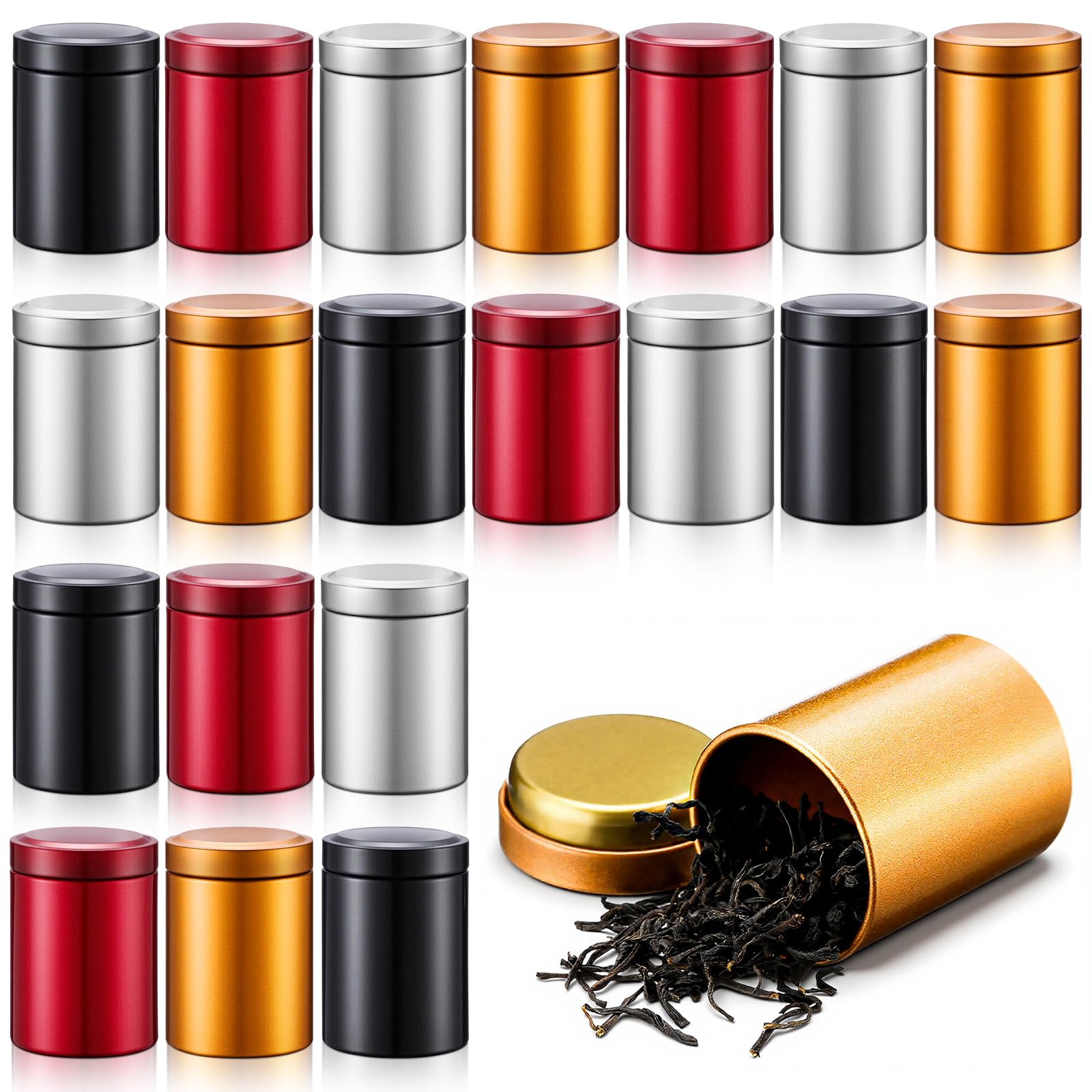 Photo 1 of Acellegic 20 Pcs Mini Tea Tin Canister 1.8 × 2.6" with Round Airtight Double Lid Small Kitchen Tea Canister Container for Travel Business Leaf Coffee Candy Spices Herbs (Dark Red,Black,Silver,Gold)