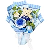 Hlenbin Crochet Flowers Bouquet - Crochet Rose Daisies Knitted Flowers Bouquet with Bear for Mother's Day Father's Day Graduation Birthday Gifts Home Décor Blue