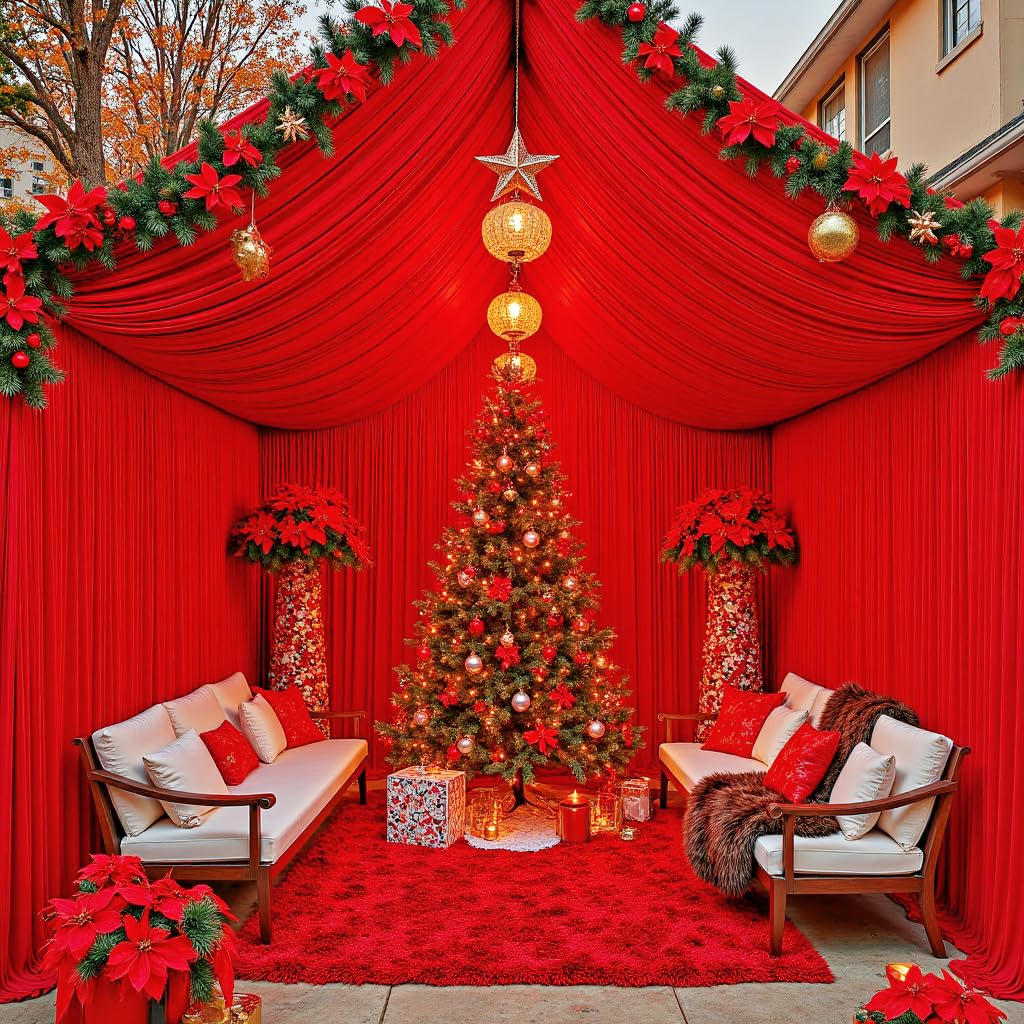 Photo 1 of Party Village 20ftx20ft Red Ceiling Curtain for Wedding Parties – 4 Panels Wrinkle-Free 20 FT Long Tent Draping Curtains for Wedding, Birthday & Theme Parties, 20ft Height with Rod Pocket