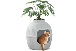 KEYGARZONE Large Cat Litter Box Enclosure with Artificial Plants & Carbon Filter, Heavy Duty PP Material Hidden Kitty Litter Box Furniture for Odor Control and Home Decor, Light Grey