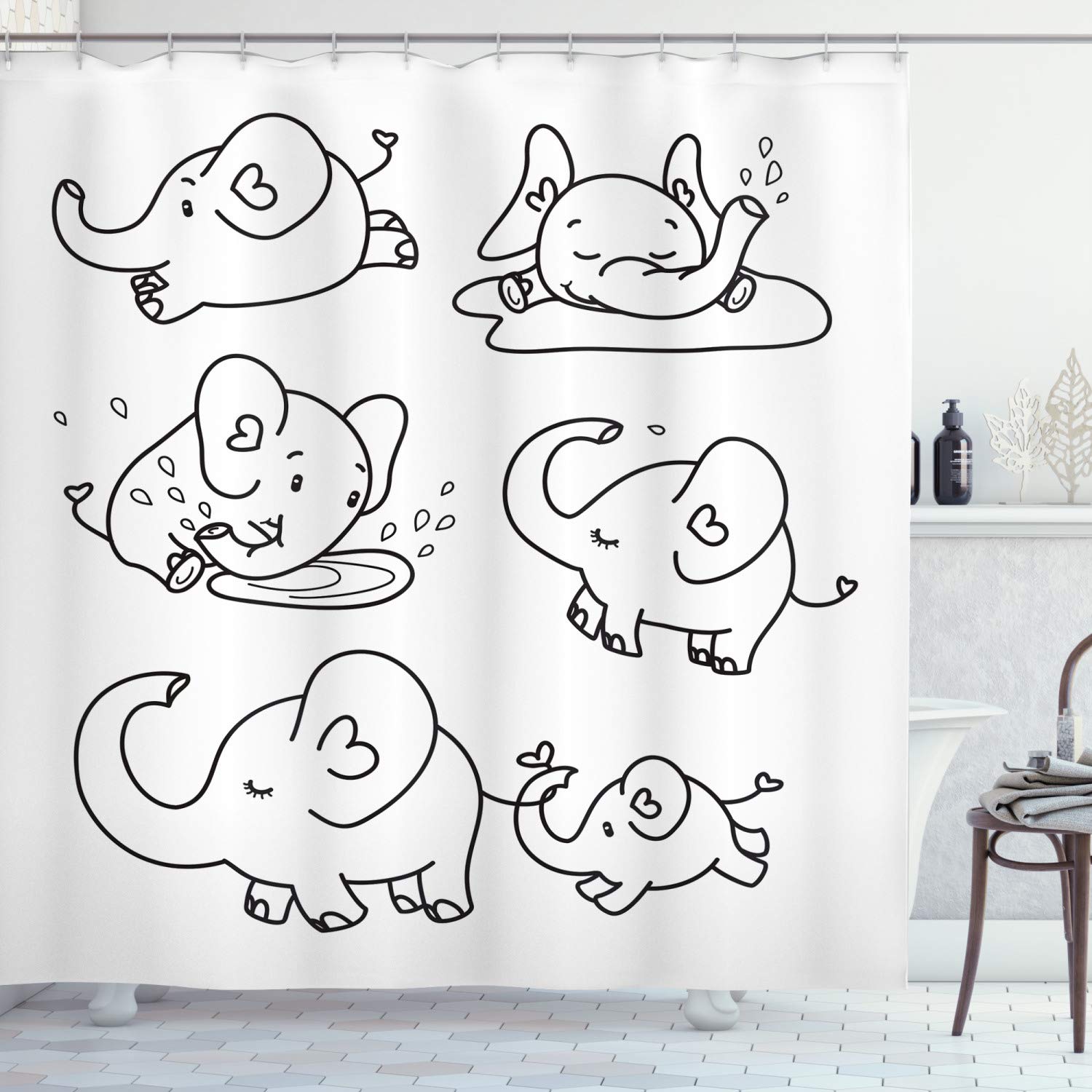 ABAKUHAUS Nursery Shower Curtain, Black and White Doodle Style Elephant Various States Running Sleeping Eating, Cloth Fabric Bathroom Decor Set with Hooks, 94 Inches, Black White