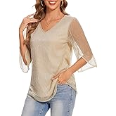 BILIKE JOMEX Women's 3/4 Sleeve Glitter Blouses Dressy Sparkly Double Layers Mesh Tops