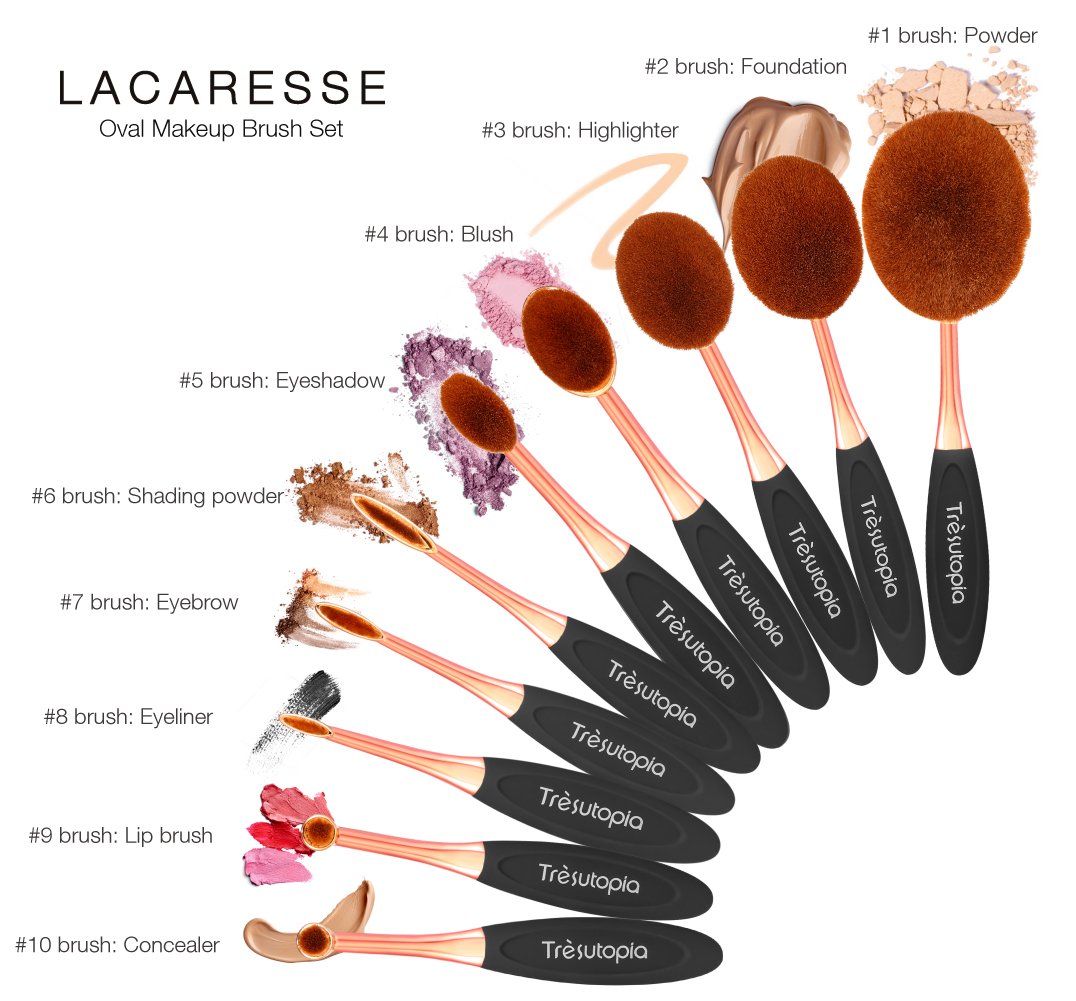 Trèsutopia Lacaresse ovales Make-up Pinsel Set, 10-teilig, Make-up Bürsten, Kosmetik Pinsel, Schminkenpinsel für Foundation, Eyeliner, Lidschatten, Puder, Concealer, Augenbrauen