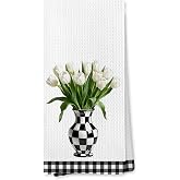 MVLJG White Tulip Floral Kitchen Towels, Cottagecore Wild Flower Dish Tea Towels for Kitchen, Black and White Plaid Vase Floral Decorative Hand Towel for Bathroom, 16x24 Inches