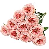 10 Pcs Artificial Flowers Rose, Silk Austin Rose Flower Bouquet, Fake Roses Faux Floral with Stem for Wedding Bridal Party Arrangements Bouquets, Dining Table Home Decor Centerpieces, Light Pink