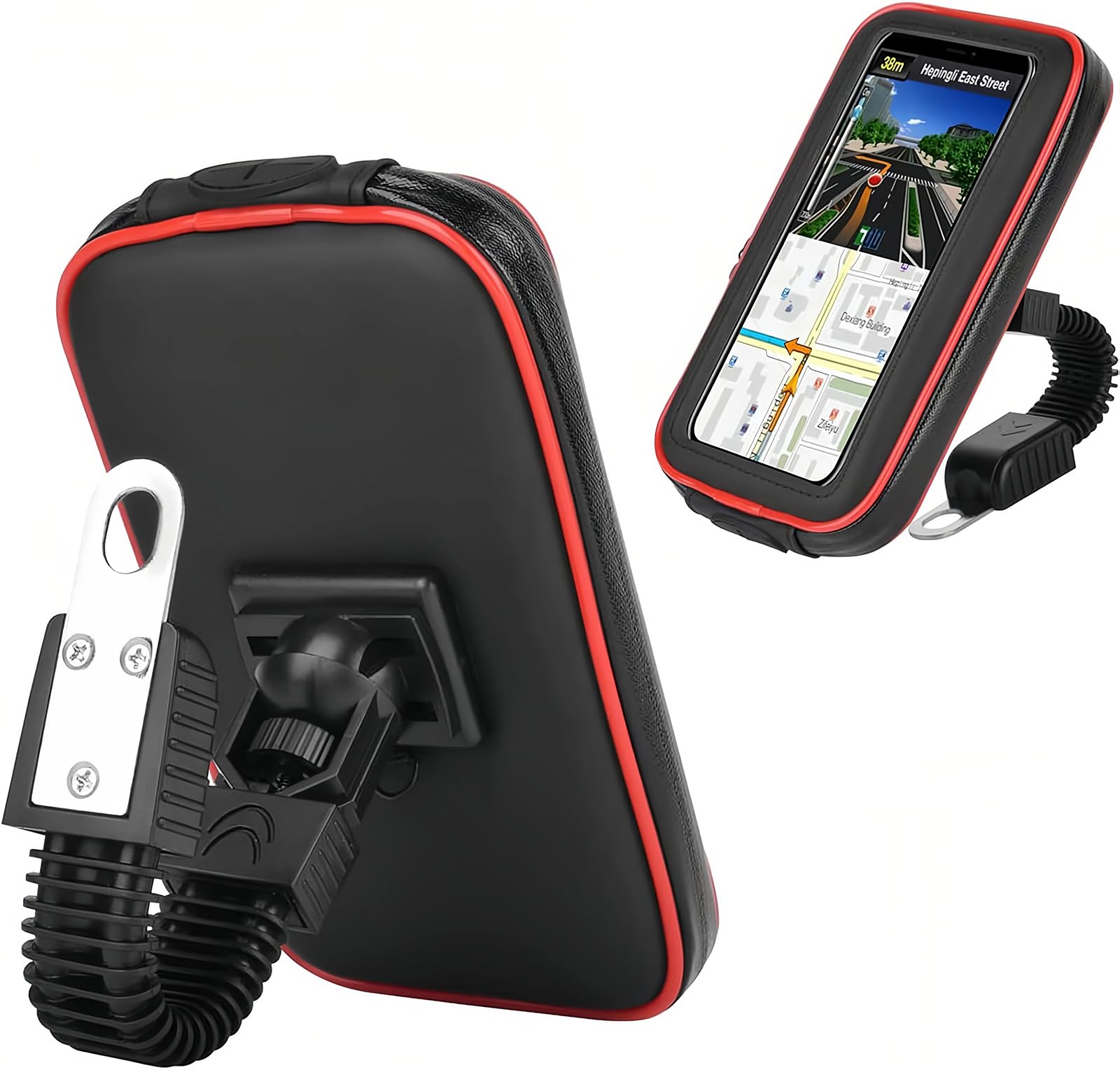 SUNSEATON 360-degree Rotating Waterproof Motorcycle Phone Support Holder, Motorbike Mount Case Stand Phone Holder, Universal Motorcycle Holder for Phones GPS Smaller than 6.2" (XL, Red)