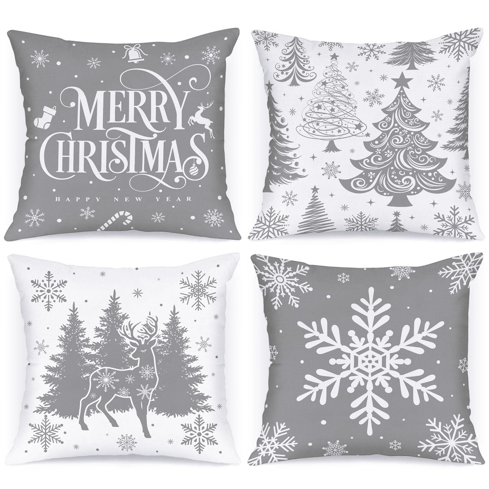 Lanpn 40x40 cm Grey Winter Decorative Pillow Case Set of 4, 16x16 Christmas Tree Cushion for Indoor Home Bedroom Sofa Xmas Couch Decor