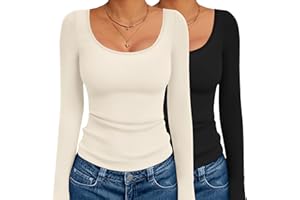 Ekouaer 2 Pack Women's Scoop Neck Long Sleeve Shirts Slim Fit Tops Thermal Shirts Basic Tight Undershirts XS-XXL
