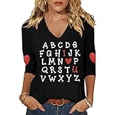 CGTPI Women's Valentine V Neck Shirt Cute Love Heart Graphic 3/4 Sleeve Tee Casual Couple Tops