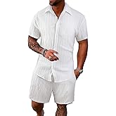 WDIRARA Men's 2 Piece Outfit Button Front Short Sleeve Shirt and Drawstring Waist Shorts Set