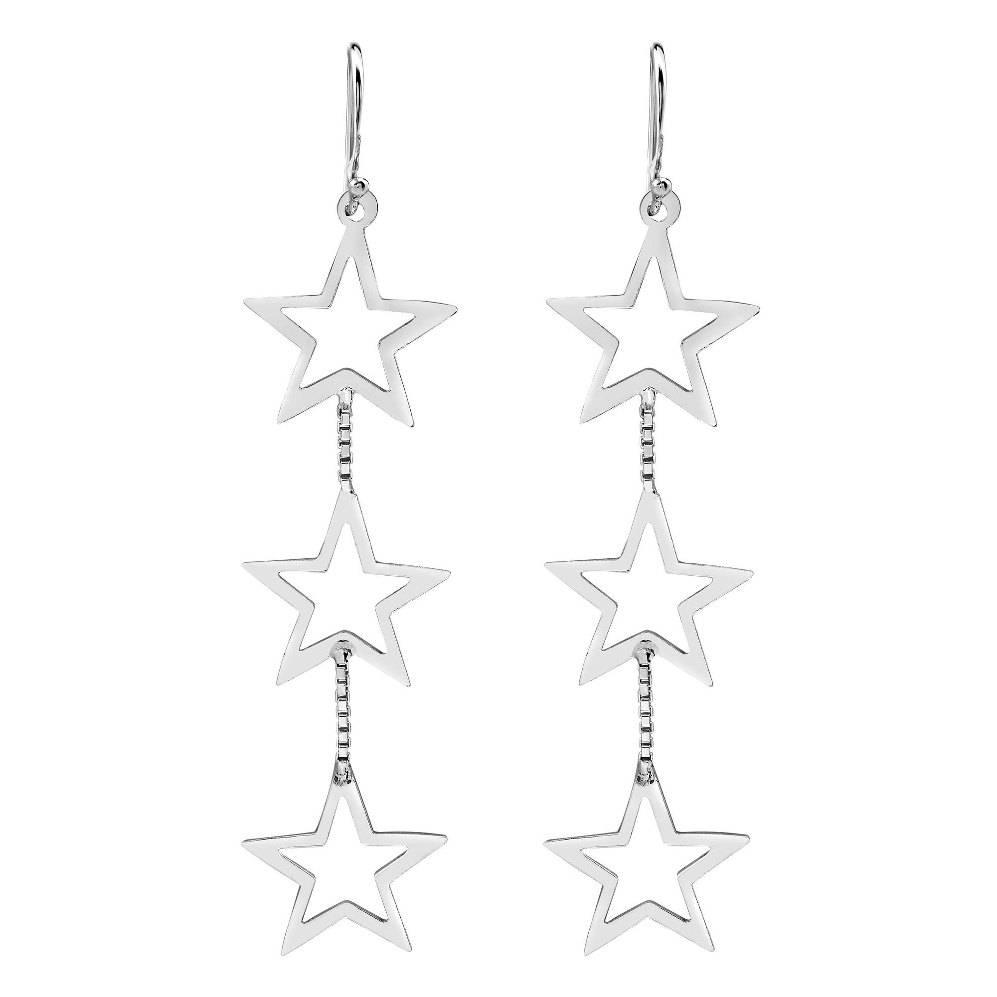 Triple Retro Open Star Link .925 Sterling Silver Dangle Earrings