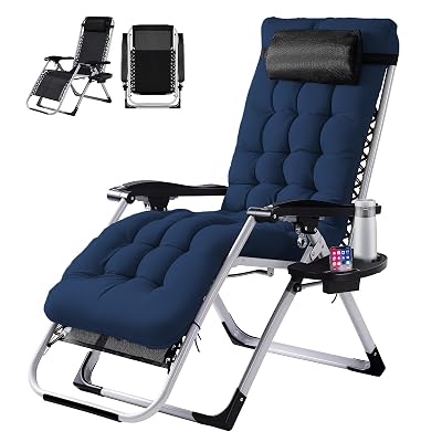 VINGLI Padded Zero Gravity Chair, Lounge Chair with Removable Cushion & Tray, Folding Reclining Patio Chairs, Recliner Chair for Lawn,Indoor and Outdoor-Blue
