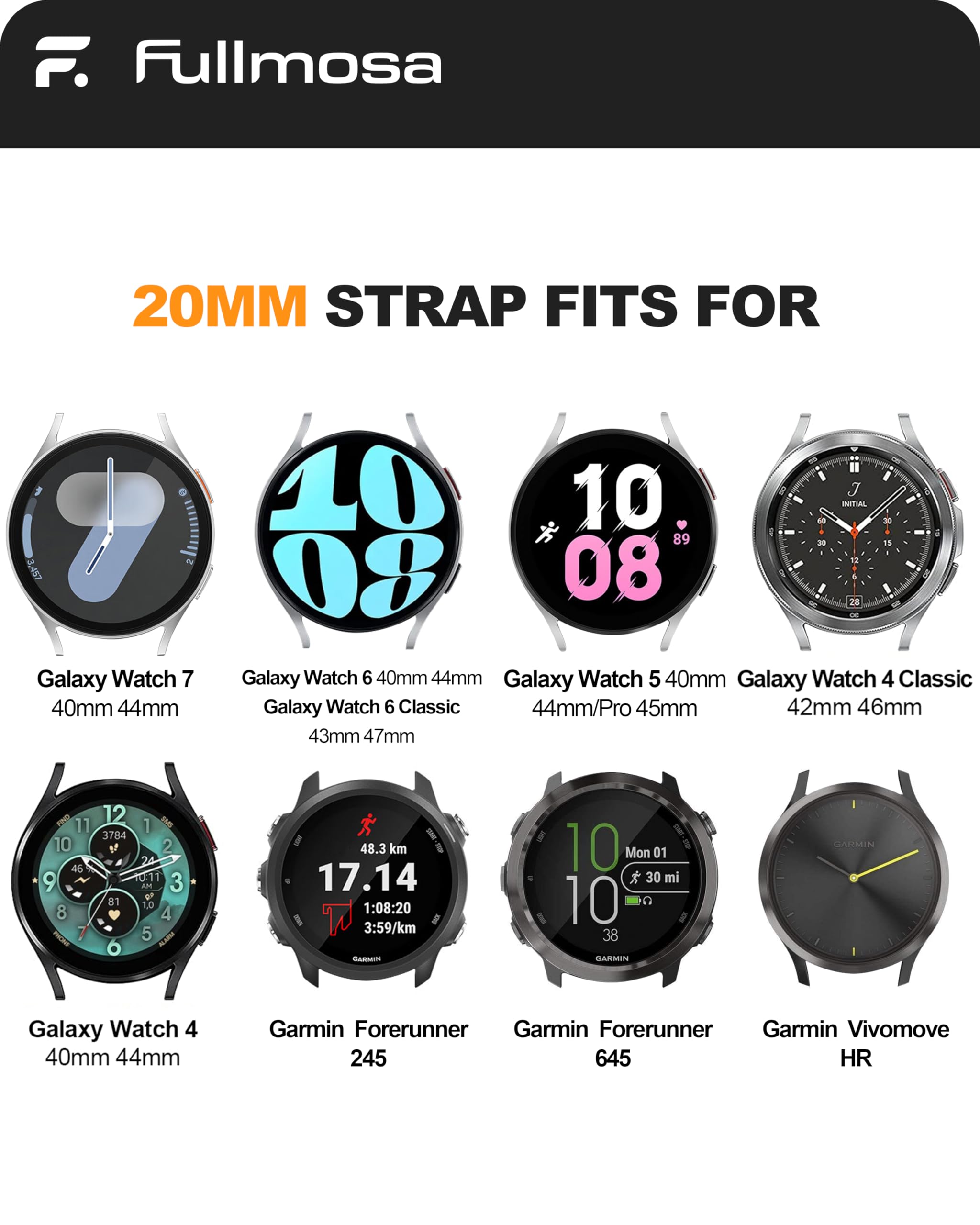 Fullmosa 22mm 20mm 24mm Silicone Watch Bands No Gaps Compatible for Samsung Galaxy Watch 7 6 5 4 3,Galaxy Watch 46mm 42mm,Garmin