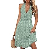 WKIOR Womens Sundress Summer Beach Vacation Sleeveless Halter Neck A-Line 2026 Boho Floral Midi Dress with Pockets