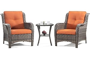 Joyside Patio Bistro Set Wicker Chairs - 3 Piece Outdoor Rattan Conversation Set with 2 Armrest Chair and 1 Side Table for Proch Deck Garden Backyard Balcony(Mixed Grey/Orange)